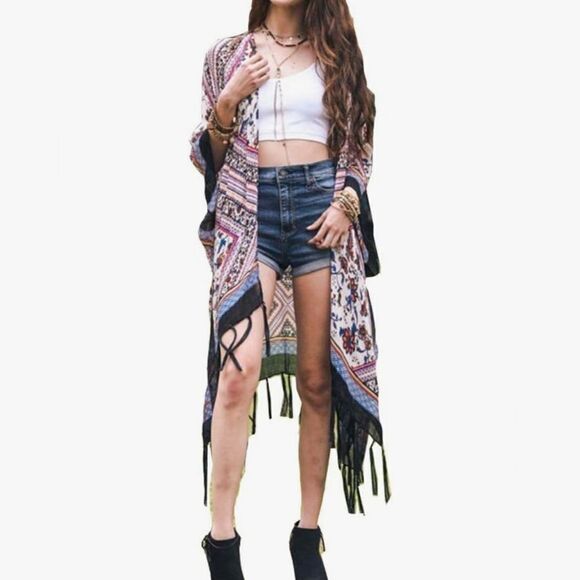 Open Front Bohemian Aztec Diamond Print Tassel Kimono Beach Cover-up Cardigan - Picture 1 of 11